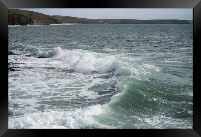 Waves  at Porthleven Cornwall Framed Print by kathy white