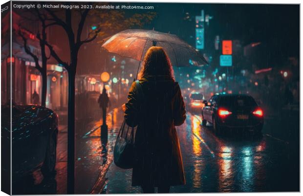 A young woman with an umbrella walks in a modern city at night a Canvas Print by Michael Piepgras