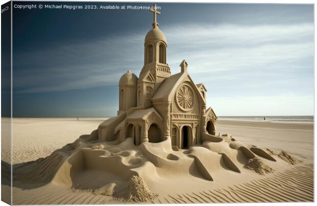 A sandcastle in the shape of a church on a beach created with ge Canvas Print by Michael Piepgras