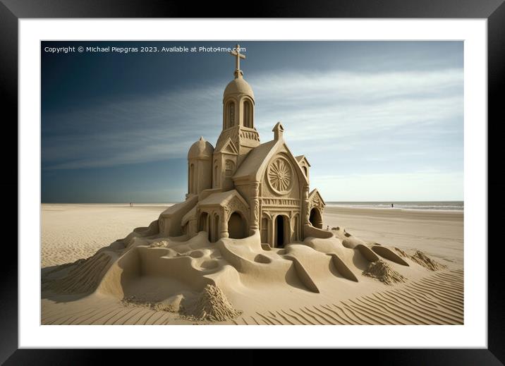 A sandcastle in the shape of a church on a beach created with ge Framed Mounted Print by Michael Piepgras