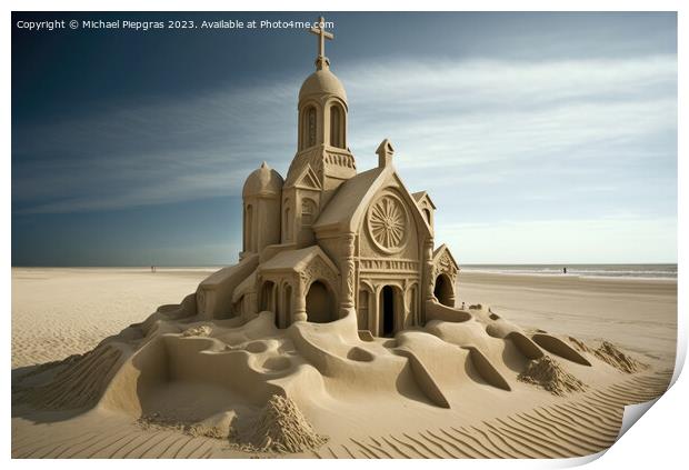 A sandcastle in the shape of a church on a beach created with ge Print by Michael Piepgras