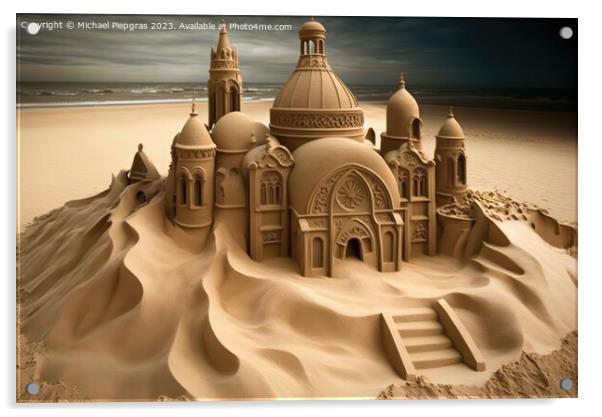 A sandcastle in the shape of a church on a beach created with ge Acrylic by Michael Piepgras