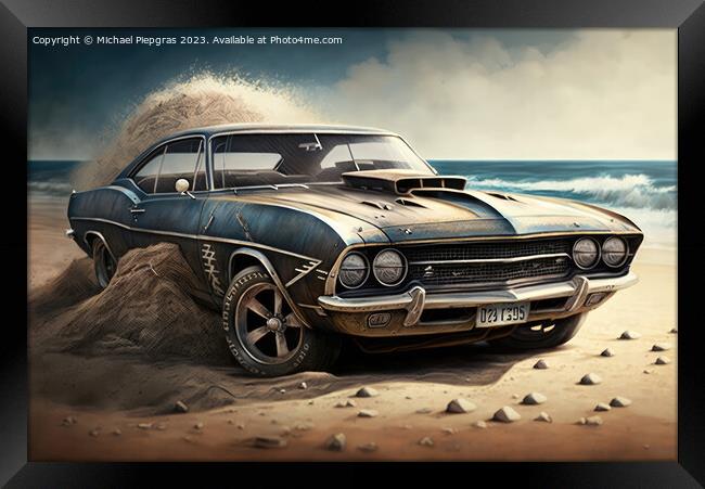 A fast muscle car churns up sand in a desert created with genera Framed Print by Michael Piepgras