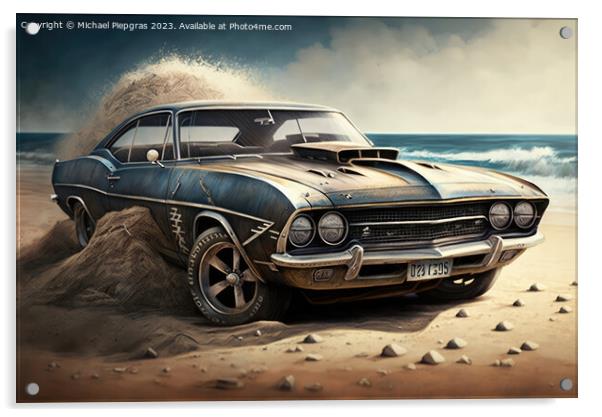 A fast muscle car churns up sand in a desert created with genera Acrylic by Michael Piepgras