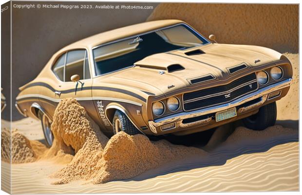 A fast muscle car churns up sand in a desert created with genera Canvas Print by Michael Piepgras