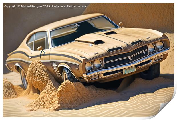 A fast muscle car churns up sand in a desert created with genera Print by Michael Piepgras