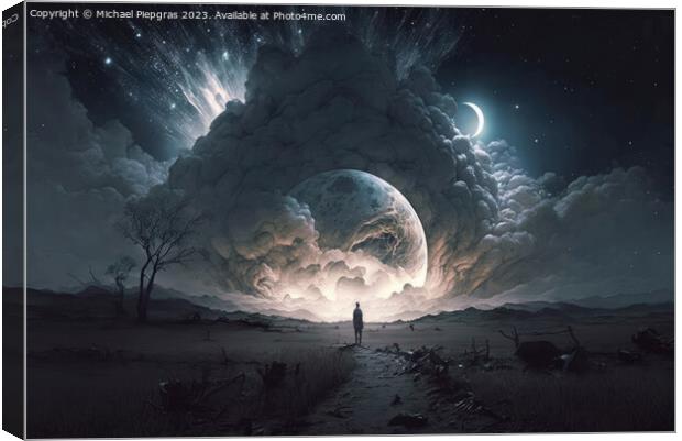 A lone person looks up at the stars of the Galaxy at night creat Canvas Print by Michael Piepgras