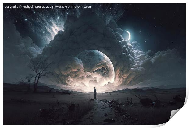 A lone person looks up at the stars of the Galaxy at night creat Print by Michael Piepgras