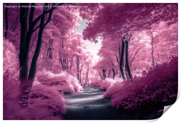 Beautiful pink infrared view into a forest with misty light crea Print by Michael Piepgras