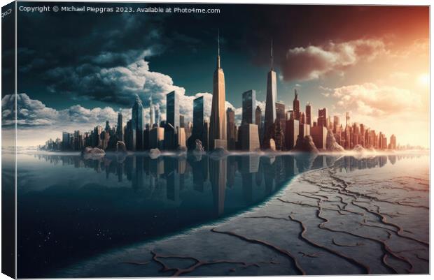 Climate change in front of athe skyline of a futuristic city cre Canvas Print by Michael Piepgras