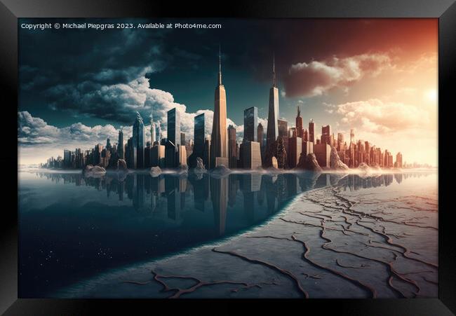 Climate change in front of athe skyline of a futuristic city cre Framed Print by Michael Piepgras