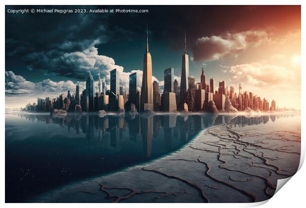 Climate change in front of athe skyline of a futuristic city cre Print by Michael Piepgras