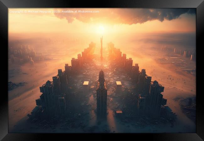 Metropolis after the apocalypse from a birds eye view sunset cre Framed Print by Michael Piepgras