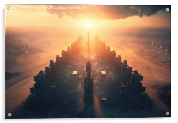 Metropolis after the apocalypse from a birds eye view sunset cre Acrylic by Michael Piepgras