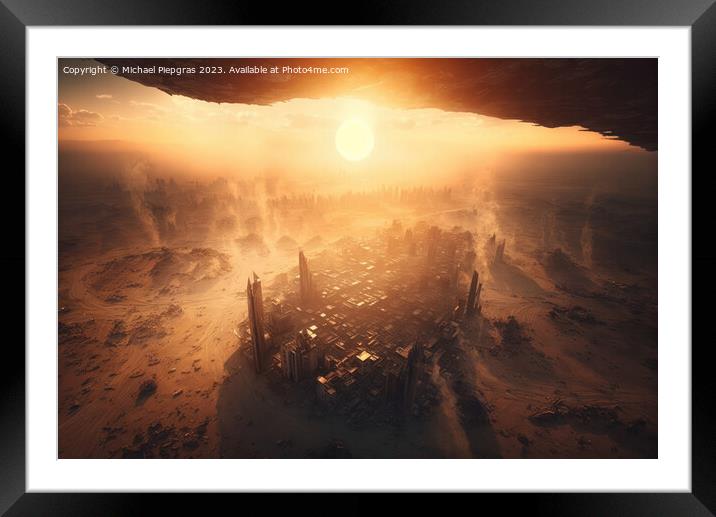 Metropolis after the apocalypse from a birds eye view sunset cre Framed Mounted Print by Michael Piepgras