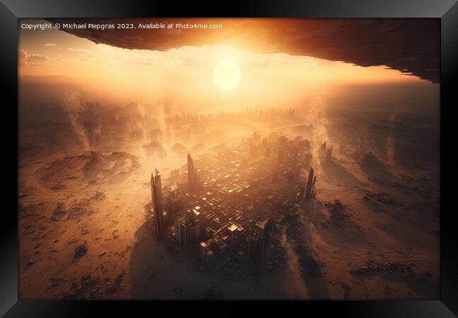Metropolis after the apocalypse from a birds eye view sunset cre Framed Print by Michael Piepgras