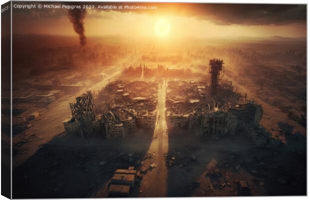 Metropolis after the apocalypse from a birds eye view sunset created with generative AI technology Canvas Print by Michael Piepgras