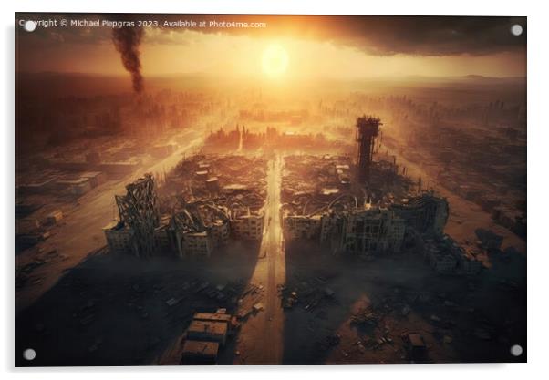 Metropolis after the apocalypse from a birds eye view sunset created with generative AI technology Acrylic by Michael Piepgras