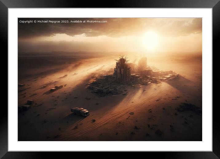 Metropolis after the apocalypse from a birds eye view sunset cre Framed Mounted Print by Michael Piepgras