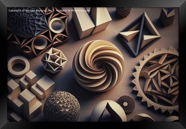 The beauty of mathematics - wooden geometric shapes created with Framed Print by Michael Piepgras