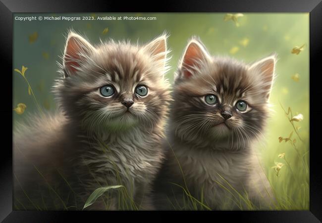 Two very cute kittens playing in the green grass in the sunshine Framed Print by Michael Piepgras
