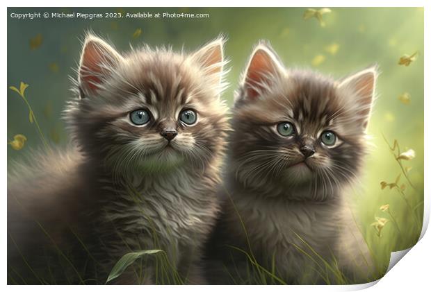 Two very cute kittens playing in the green grass in the sunshine Print by Michael Piepgras