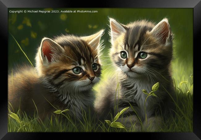 Two very cute kittens playing in the green grass in the sunshine Framed Print by Michael Piepgras
