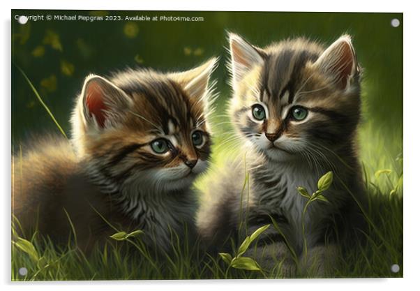 Two very cute kittens playing in the green grass in the sunshine Acrylic by Michael Piepgras
