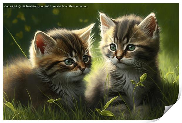 Two very cute kittens playing in the green grass in the sunshine Print by Michael Piepgras