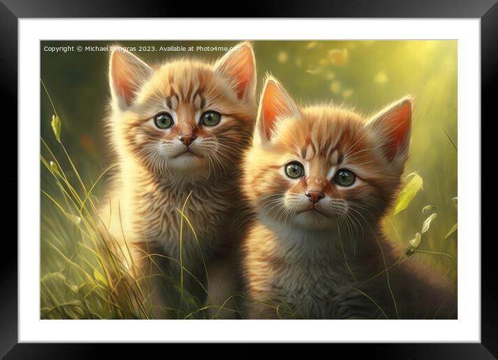 Two very cute kittens playing in the green grass in the sunshine Framed Mounted Print by Michael Piepgras