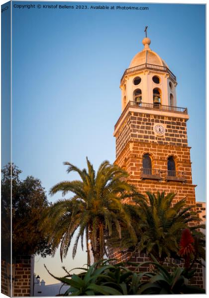View on the clock tower of the church of Teguise, former capital of the Spanish Canary island of Lanzarote Canvas Print by Kristof Bellens