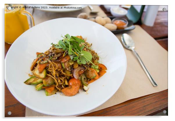 Plate with vegan asian food. Wok noodles with vegetables Acrylic by Kristof Bellens