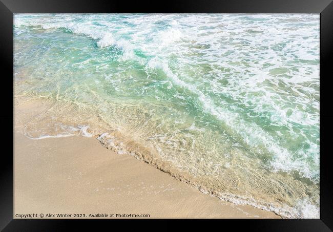 Soft blue sea wave on sand beach, close-up Framed Print by Alex Winter