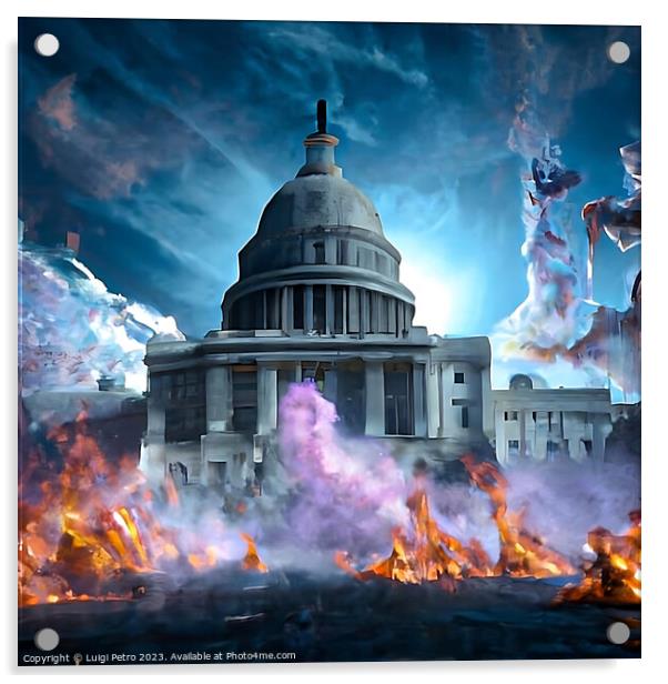 Washington Capitol Hill on fire. Acrylic by Luigi Petro