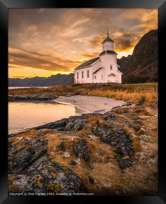 Tranquil Lofoten Church Framed Print by Clive Ingram