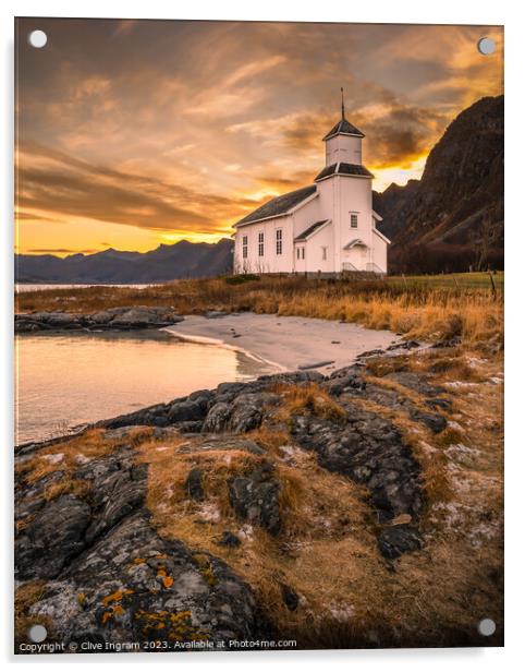 Tranquil Lofoten Church Acrylic by Clive Ingram