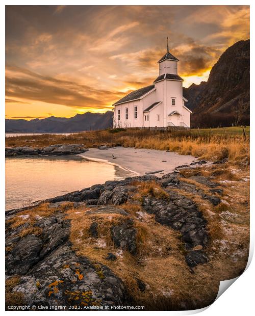 Tranquil Lofoten Church Print by Clive Ingram