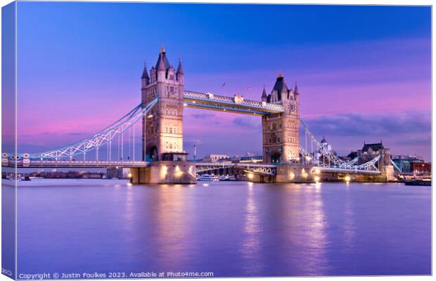 Tower Bridge at dusk, River Thames, London Canvas Print by Justin Foulkes