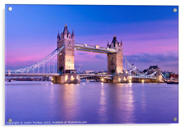 Tower Bridge at dusk, River Thames, London Acrylic by Justin Foulkes