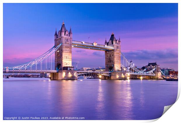 Tower Bridge at dusk, River Thames, London Print by Justin Foulkes
