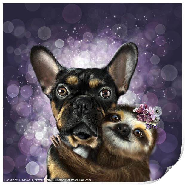 Frenchie and cute Sloth Print by Nicola Duckworth