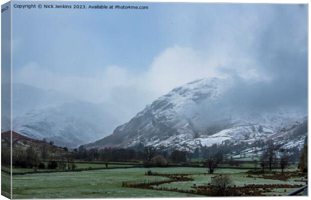 Langdale Pikes under Snow and Foggy Mist Langdale Valley  Canvas Print by Nick Jenkins