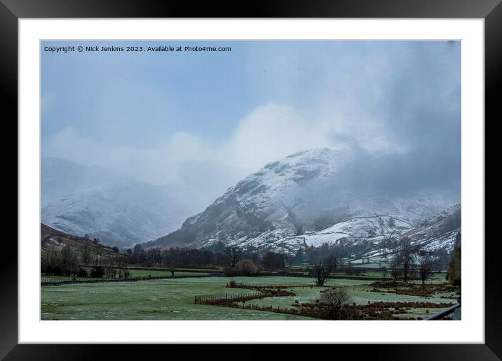 Langdale Pikes under Snow and Foggy Mist Langdale Valley  Framed Mounted Print by Nick Jenkins