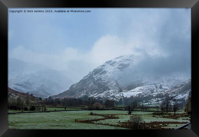 Langdale Pikes under Snow and Foggy Mist Langdale Valley  Framed Print by Nick Jenkins