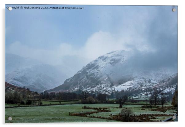 Langdale Pikes under Snow and Foggy Mist Langdale Valley  Acrylic by Nick Jenkins