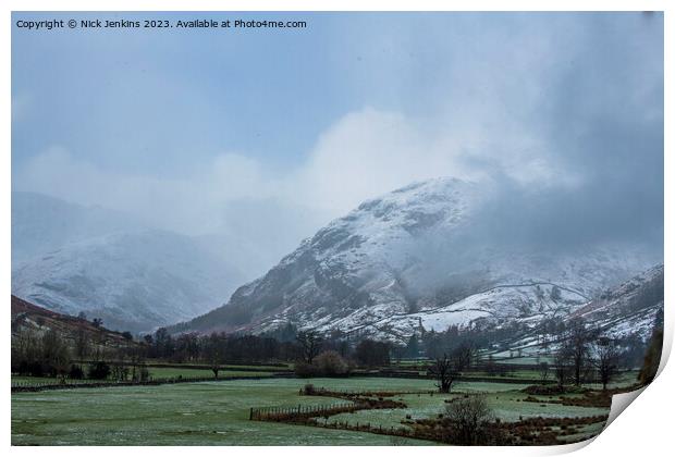 Langdale Pikes under Snow and Foggy Mist Langdale Valley  Print by Nick Jenkins