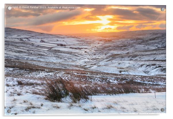 Winter Sunrise over Harwood in Teesdale, County Durham, UK Acrylic by David Forster