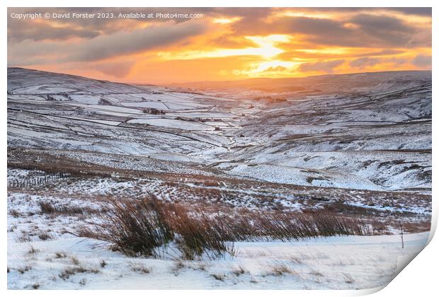Winter Sunrise over Harwood in Teesdale, County Durham, UK Print by David Forster