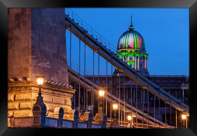 Chain Bridge and Buda Castle in Budapest at Night Framed Print by Artur Bogacki