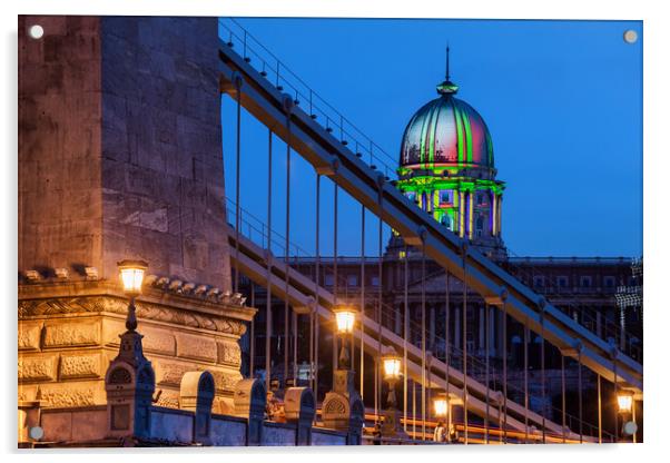 Chain Bridge and Buda Castle in Budapest at Night Acrylic by Artur Bogacki